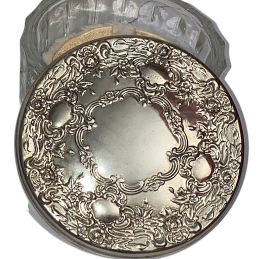 Vintage Pressed Powder Box Jar With Ornate Silverplate Lid- with puff Victorian - Picture 3 of 11
